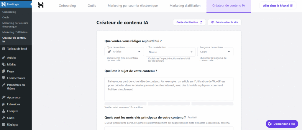 Le tableau de bord WordPress affichant le cr&eacute;ateur de contenu IA d'Hostinger