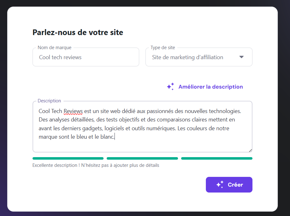 &Eacute;cran de cr&eacute;ation de site Web Hostinger IA pour site de marketing d'affiliation