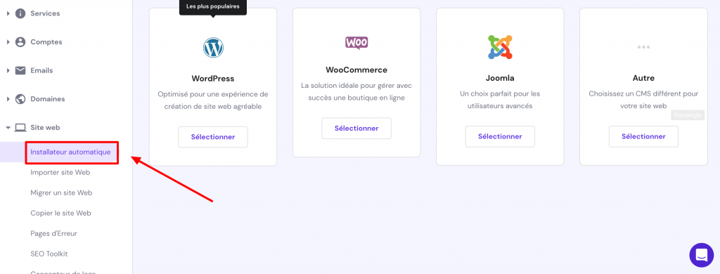 Installateur automatique sur hPanel