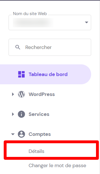 Détails du compte hPanel.