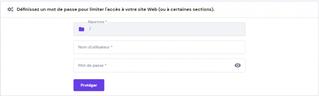 capture d'écran du formulaire permettant de protéger des répertoires par mots de passe sur hPanel de Hostinger 