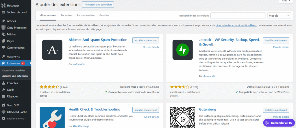 Interface du menu Ajouter une extension WordPress