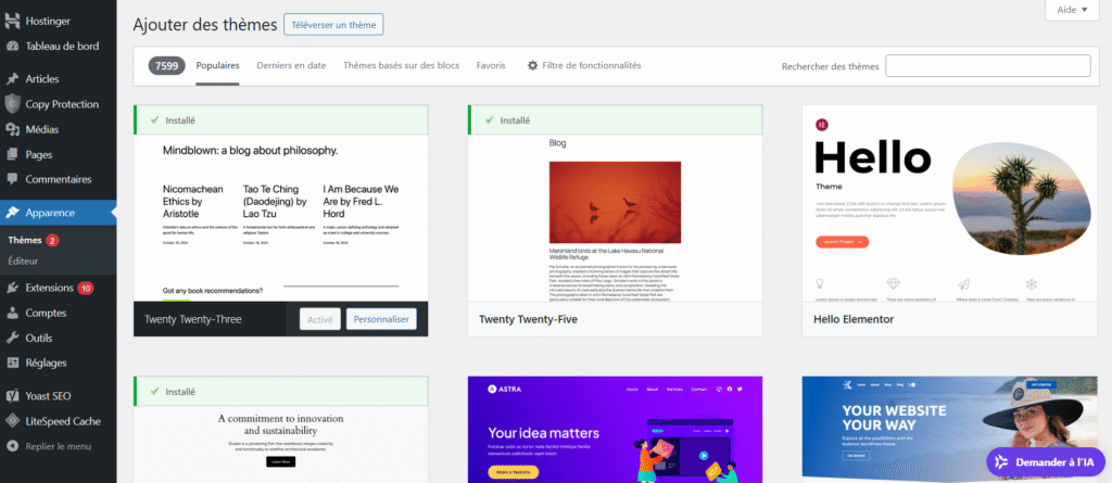 Interface du menu Ajouter un thème WordPress