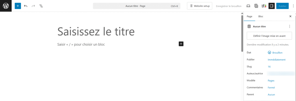 Interface de l'&eacute;diteur de pages WordPress