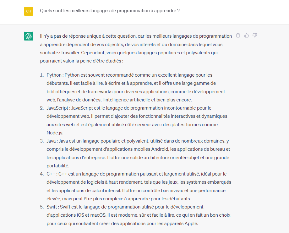 meilleurs-langages-de-programmation-chatgpt Réponse de ChatGPT sur les meilleurs langages de programmation à apprendre