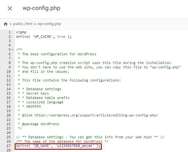 nom-base-de-données-sur-fichier-wp-configphp Le fichier wp-config.php dans le gestionnaire de fichiers de hPanel, avec la section Nom de la base de données en surbrillance.