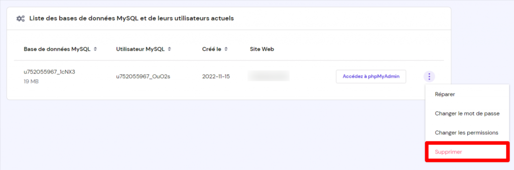 supprimer-base-de-données-mysql-hpanel La section Liste des bases de données MySQL et leurs utilisateurs actuels sur hPanel, avec le bouton Supprimer en surbrillance.