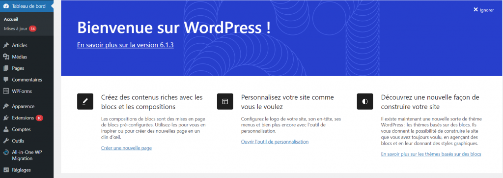 tableau-de-bord-wordpress Qu' est ce que wordpress, le tableau de bord