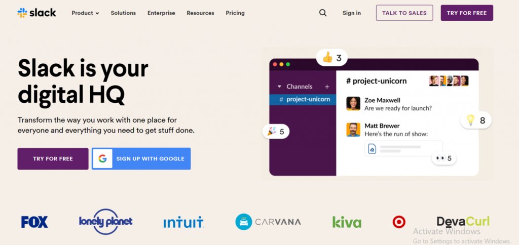 Slack La page d'accueil de Slack