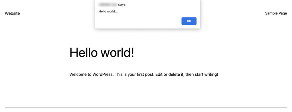 Exemple de crochet d'action sur un site web WordPress en ligne. Il affiche une alerte avec un message spécifié par l'utilisateur