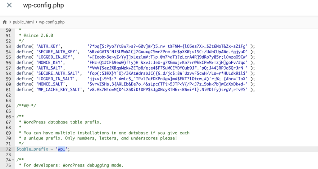 Recherche de la valeur $table_prefix dans le fichier wp-config.php