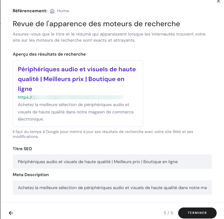Revue-de-l'apparence-du-moteur-de-recherche fenêtre pop-up de l'assistant de configuration SEO montrant l'écran Revue de l'apparence du moteur de recherche