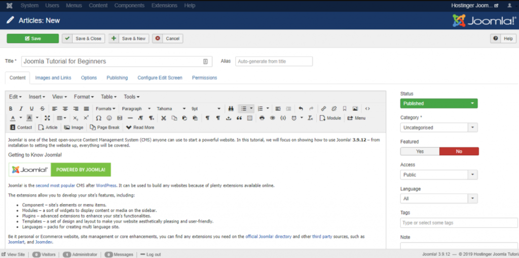 Le menu de rédaction des articles de Joomla