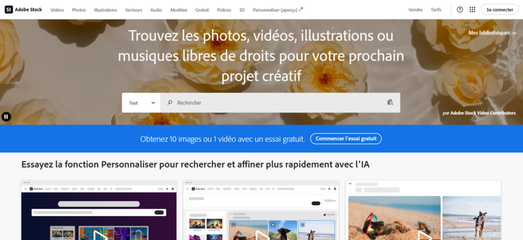 Page d'accueil d'Adobe Stock