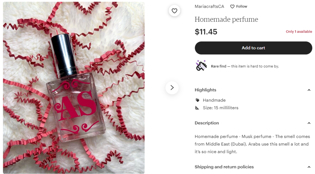 Un exemple de parfum fabriqué à la main et vendu en ligne