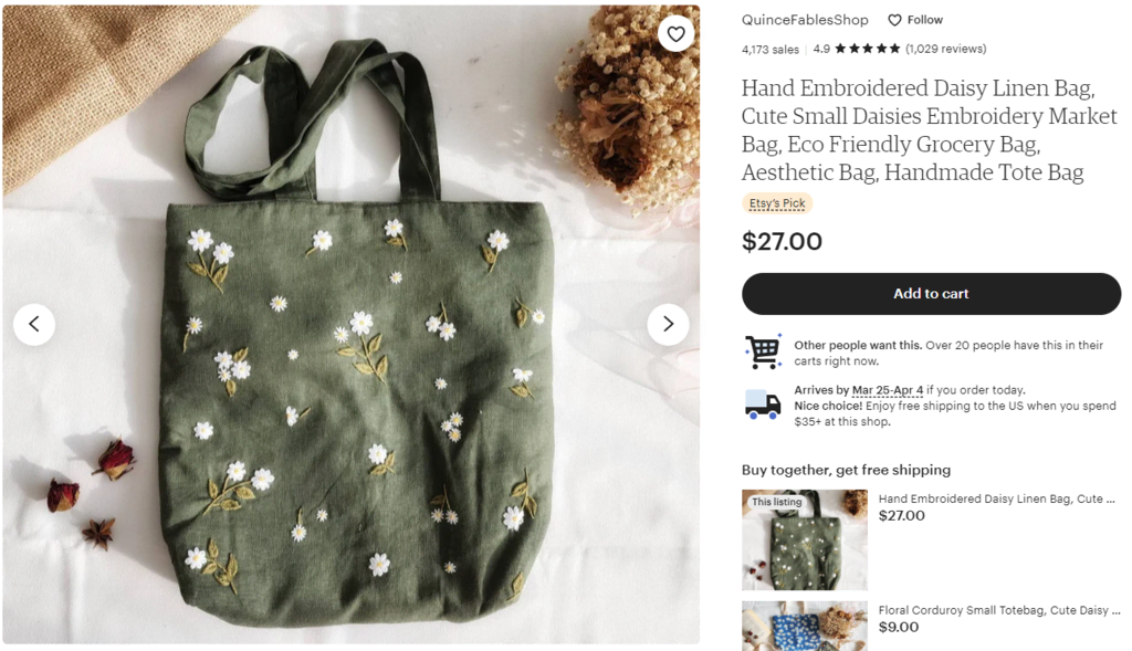 Un exemple de sac cabas fait à la main et vendu en ligne
