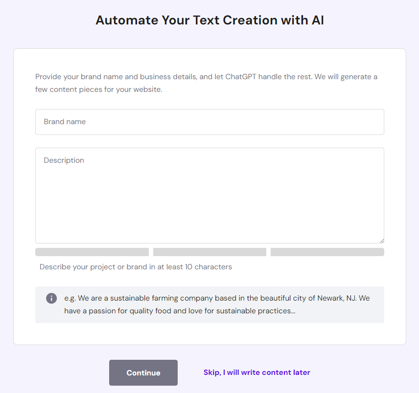 générer-un-texte-pour-le-site-web-avec-IA Un formulaire permettant de saisir le nom et la description de la marque afin d'aider l'IA à générer un texte pour le site web.