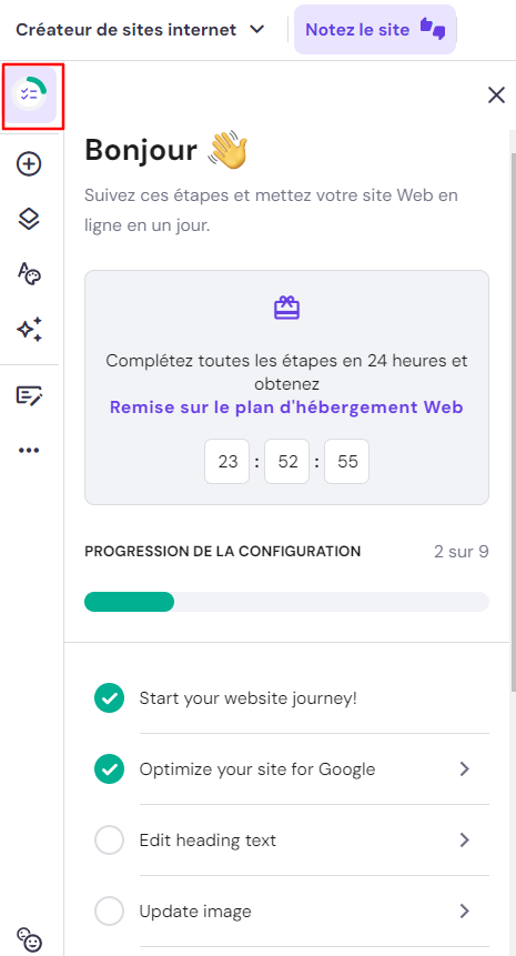 icone-liste-de-l'installation-du-site Editeur du Créateur de site Hostinger, en mettant en évidence l'icône Liste de l'installation du site.