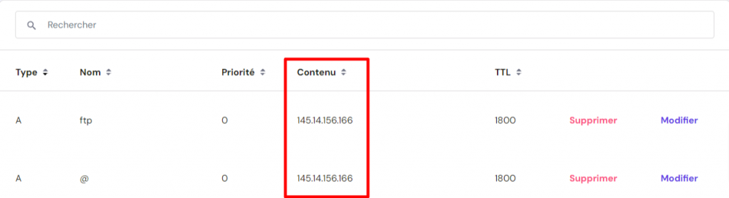 enregistrements-A Éditeur de zone DNS de Hostinger met en évidence les enregistrements A