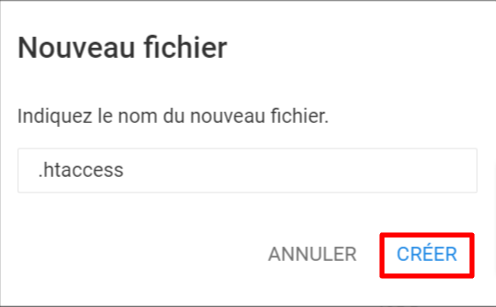 creer-nouveau-fichier-gestionnaire-de-fichiers La fenêtre contextuelle Nouveau fichier du Gestionnaire de fichiers Hostinger met en évidence le bouton Créer.