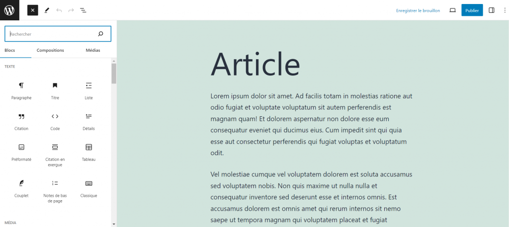 éditeur-WordPress-Gutenberg L'éditeur WordPress Gutenberg, où les utilisateurs peuvent modifier le contenu de leurs pages et de leurs articles.