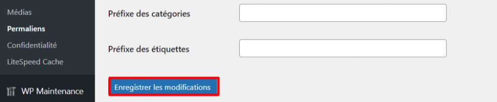section-WordPress-Permaliens La section WordPress Permaliens met en évidence le bouton Enregistrer les modifications