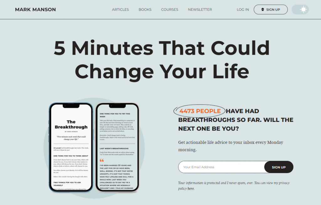 Mark-Manson Page d'accueil du site WordPress de Mark Manson