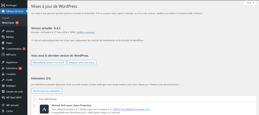 La section " Mises &agrave; jour " du tableau de bord de WordPress