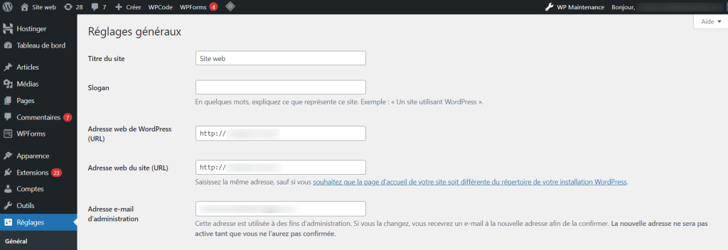 R&eacute;glages g&eacute;n&eacute;raux sur le tableau de bord de WordPress.