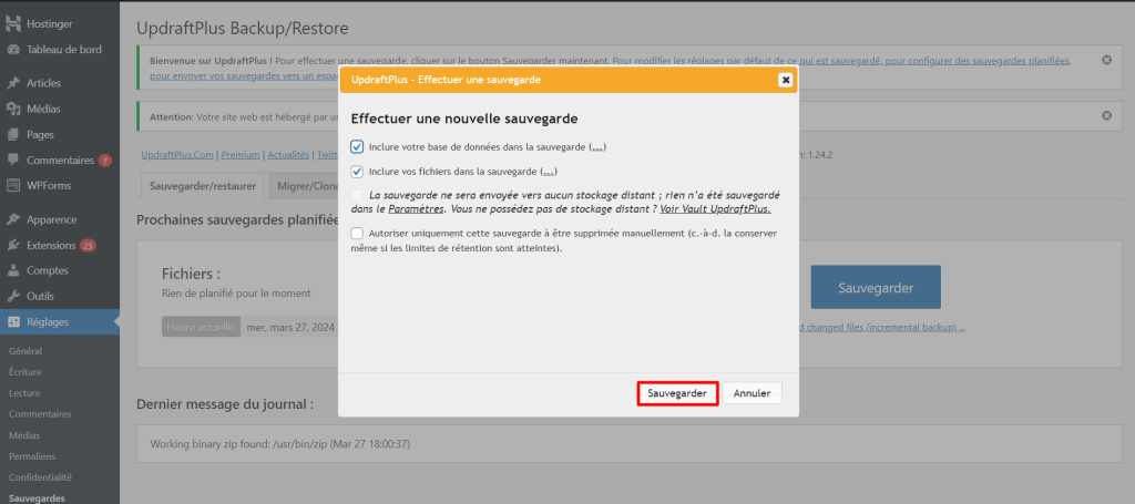 UpdfraftPlus - Fen&ecirc;tre pop-up d'ex&eacute;cution d'une sauvegarde
