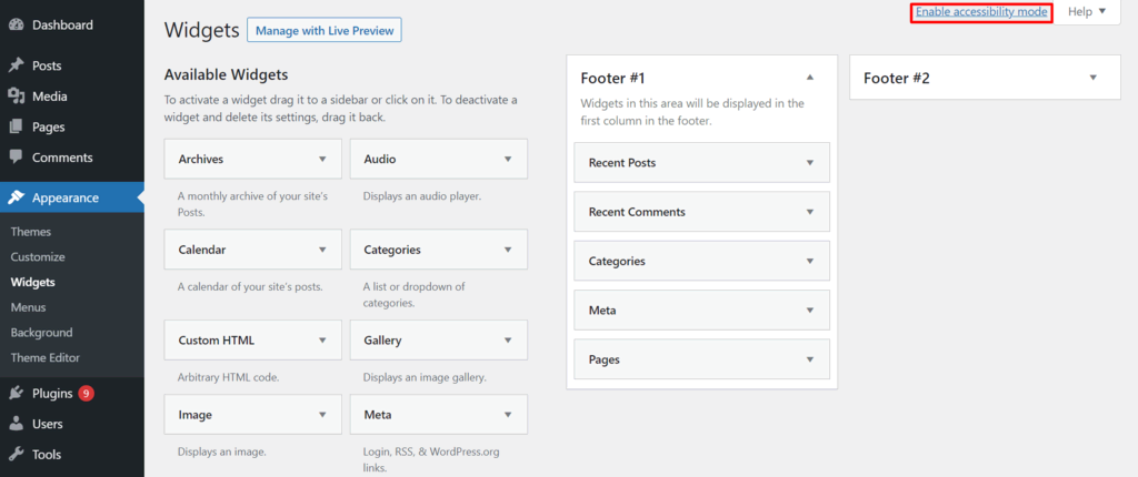 L'activation du mode d'accessibilité en haut à droite de la zone des widgets WordPress