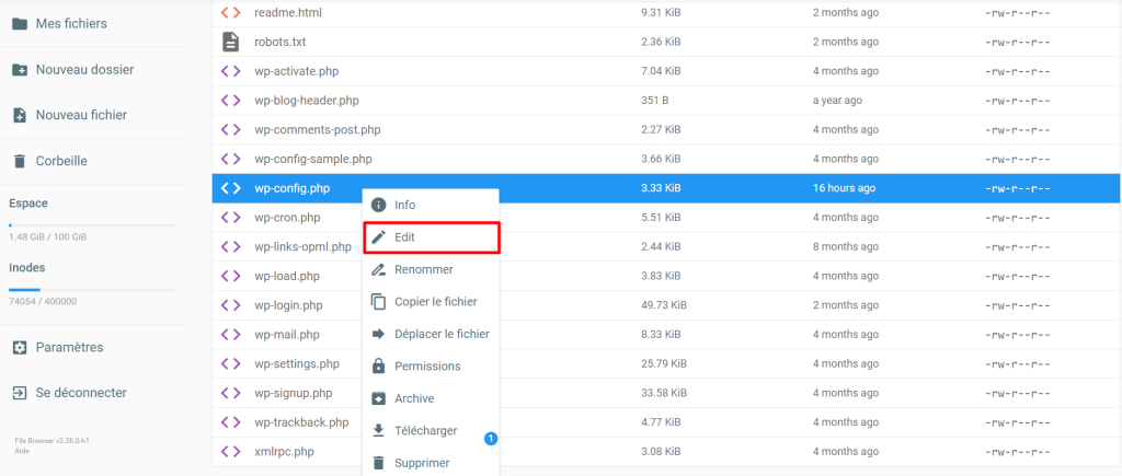 Le gestionnaire de fichiers de hPanel avec le bouton d'édition du fichier wp-config.php en surbrillance.