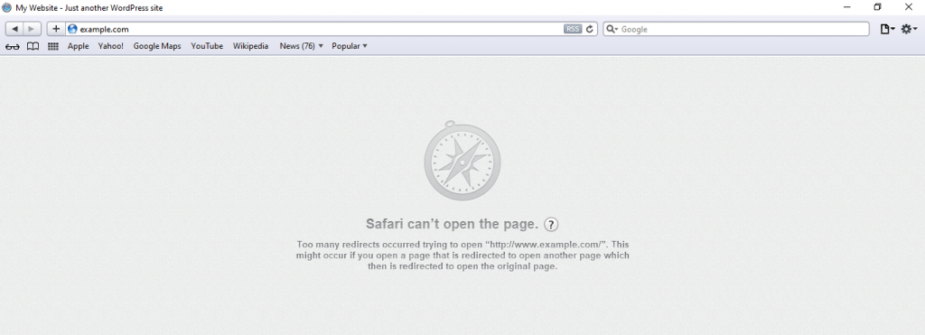 Message d'erreur de Safari pour err_too_many_redirects.