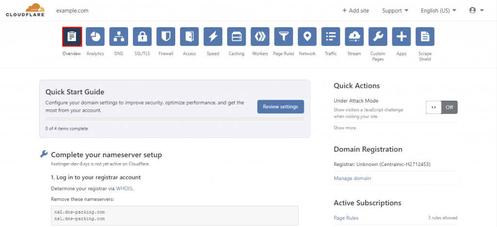 Sélection de l'option Aperçu dans Cloudflare.
