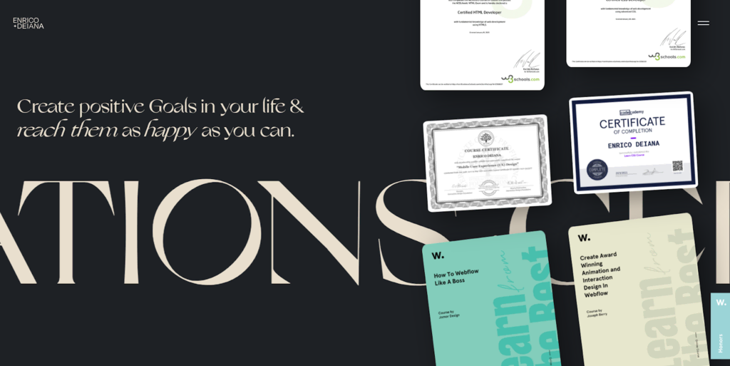 La page "À propos" du site personnel d'Enrico' Deiana, avec de nombreux certificats et récompenses
