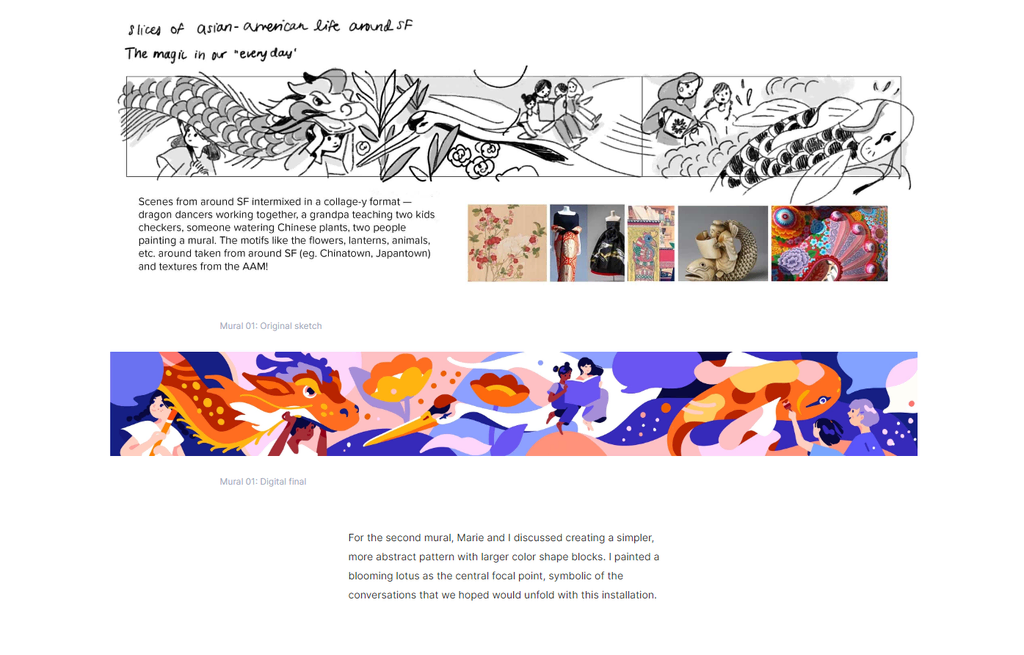 Une page de projet du portfolio d'Alice Lee, montrant la description du projet et plusieurs ébauches.