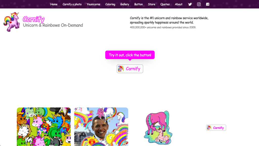 Page d’accueil de Cornify