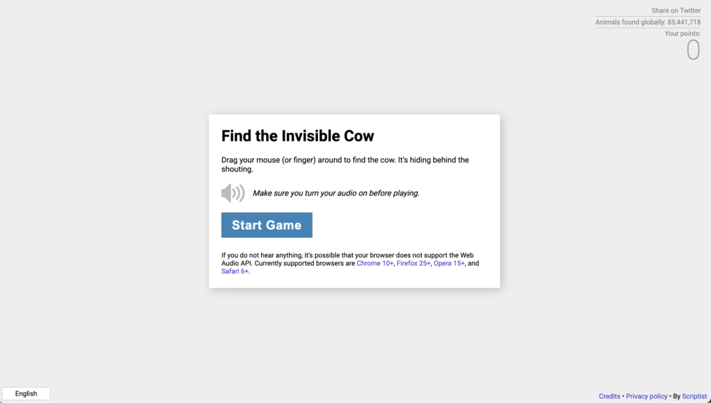 Page d’accueil de Find The Invisible Cow