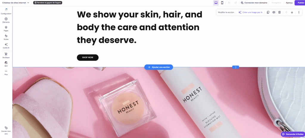 Le créateur de sites internet de Hostinger en action