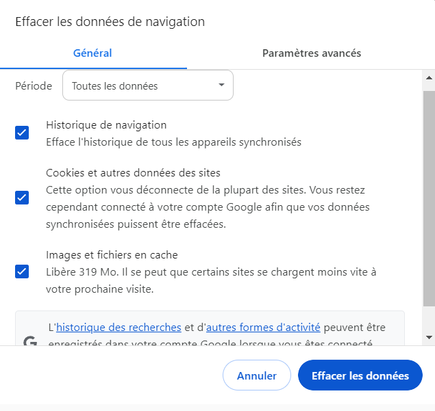 Param&egrave;tres d'effacement des donn&eacute;es de navigation dans Google Chrome.