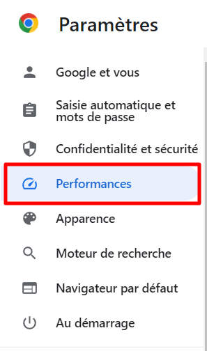 Param&egrave;tres de Performances sur Google Chrome