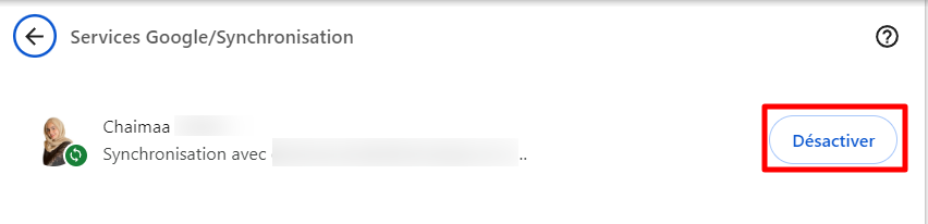 Le bouton D&eacute;sactiver des param&egrave;tres de synchronisation et des services Google de Google Chrome.
