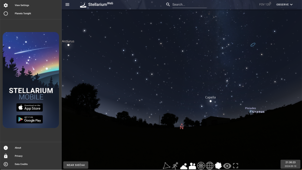 Page d’accueil de Stellarium Web