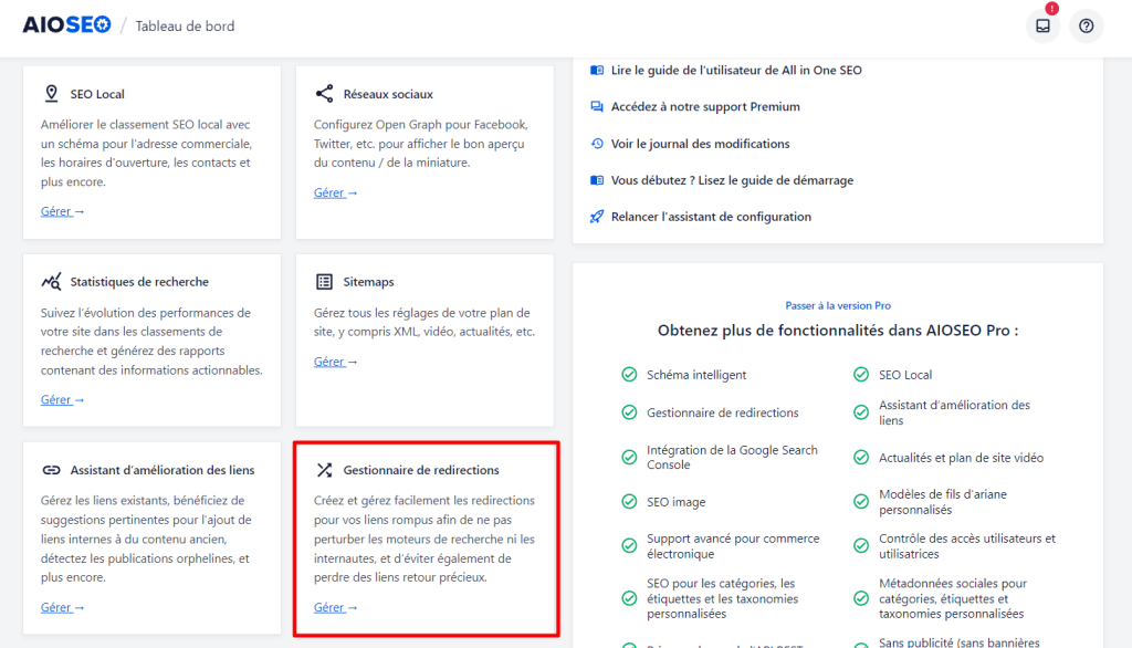 Le tableau de bord AIOSEO dans WordPress avec l'onglet Gestionnaire de Redirections surlign&eacute; en rouge