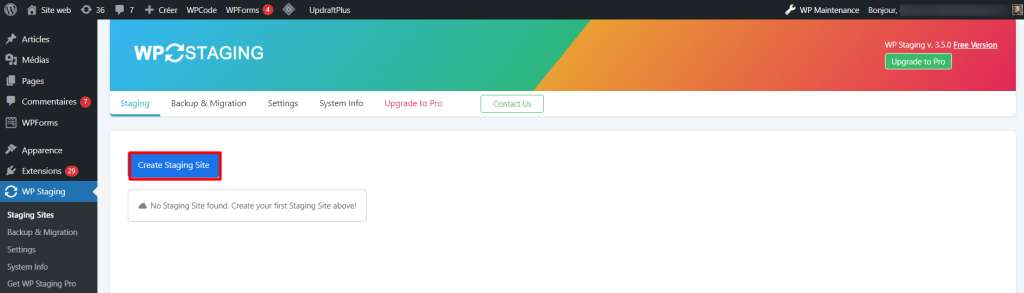 Section WP Staging, mettant en &eacute;vidence le bouton permettant de cr&eacute;er un nouveau site de staging