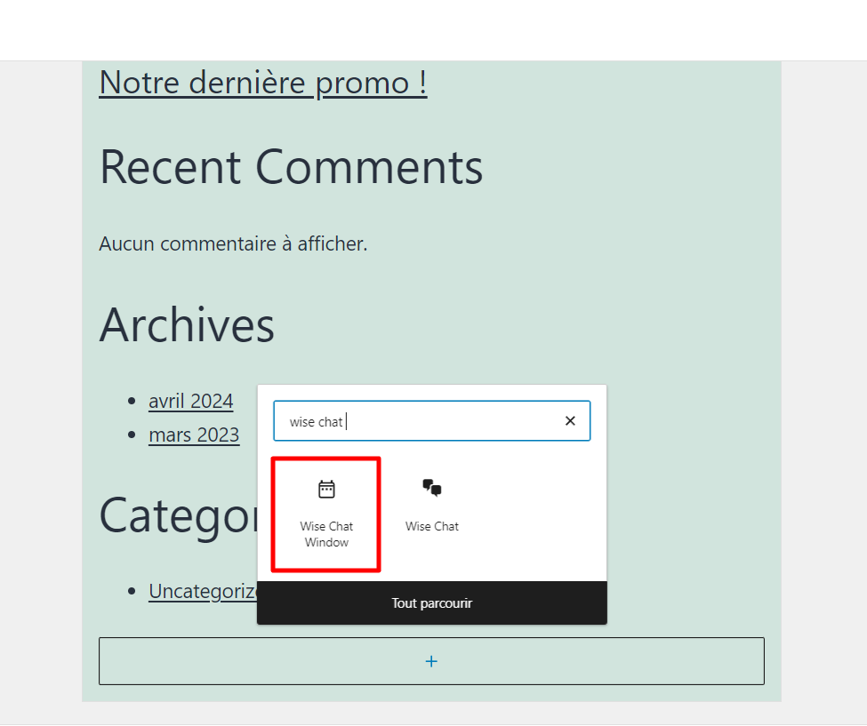 La fen&ecirc;tre Wise Chat sur l'&eacute;cran WordPress Widgets