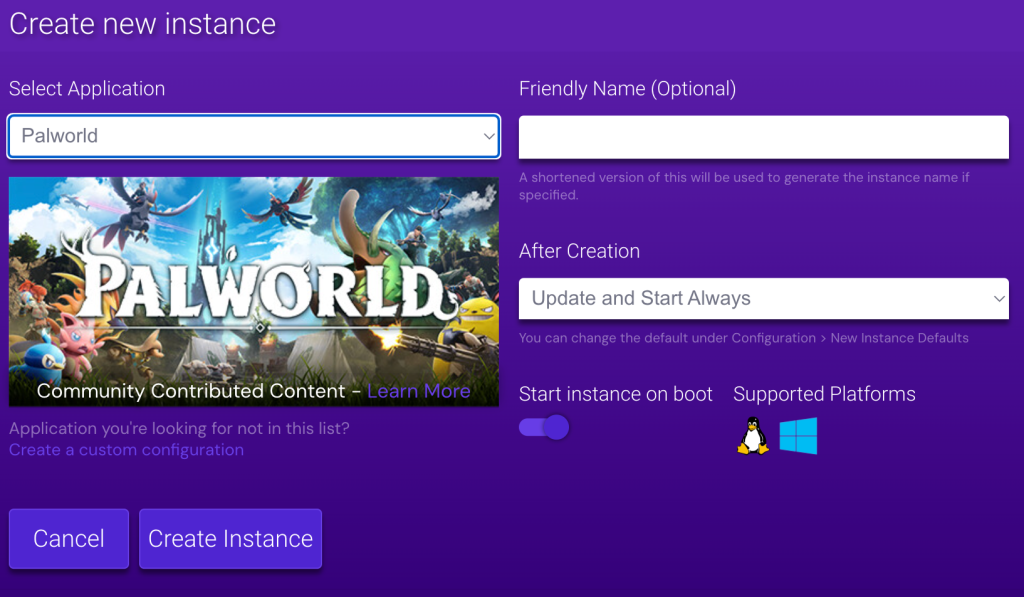 création-d'une-nouvelle-instance-dans-hPanel L'écran de création d'instance de Palworld sur le Game Panel d'Hostinger