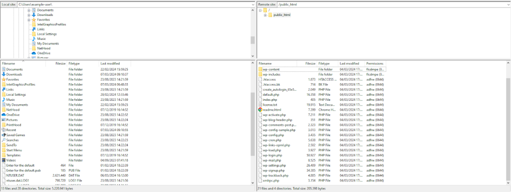 Panneau gauche et droit de FileZilla