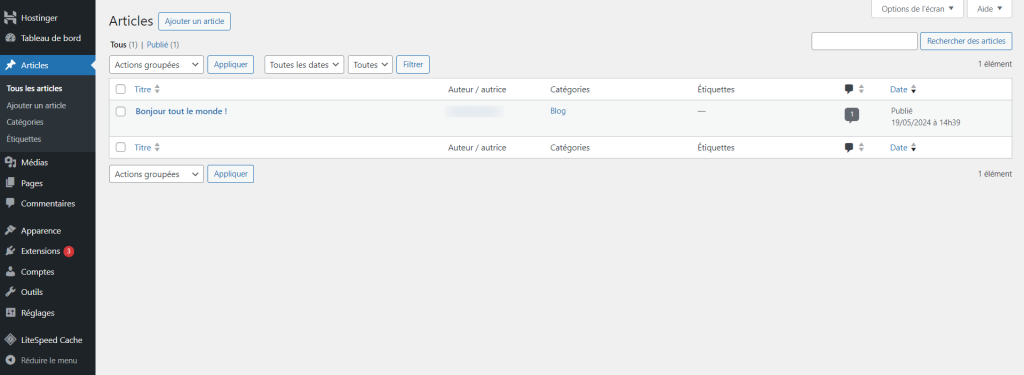 Le tableau de bord d'administration de WordPress pr&eacute;sente la section des articles