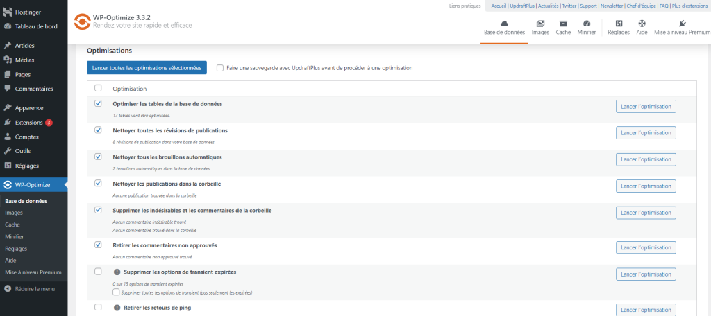 Options d'optimisation du site avec WP-Optimize